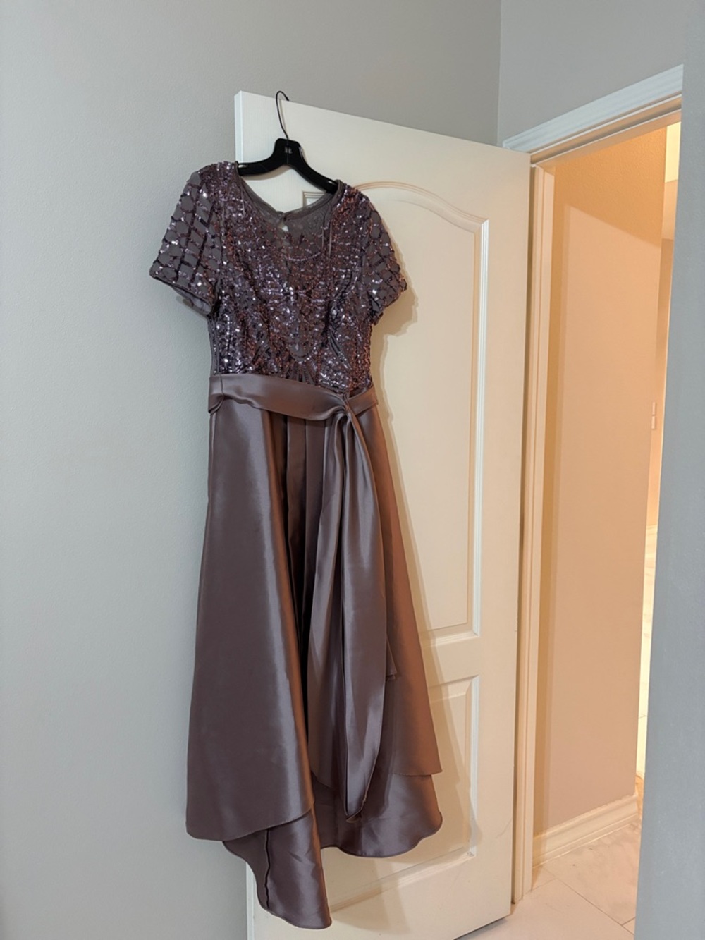 R&M Richards Lavender Asymmetrical Sequin Satin Dress